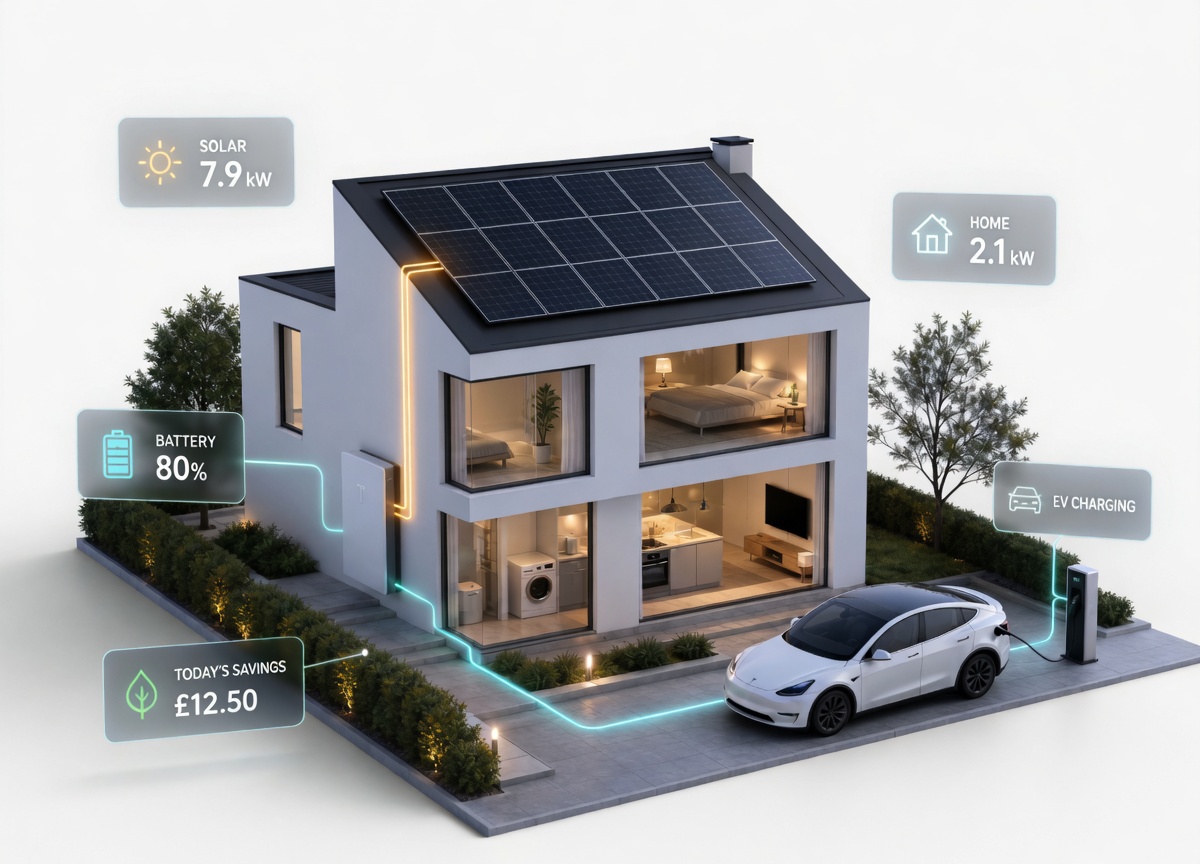 Same home powered by solar PV with battery storage, home consumption and EV charging — smart home energy enhancements by Solid Electrical